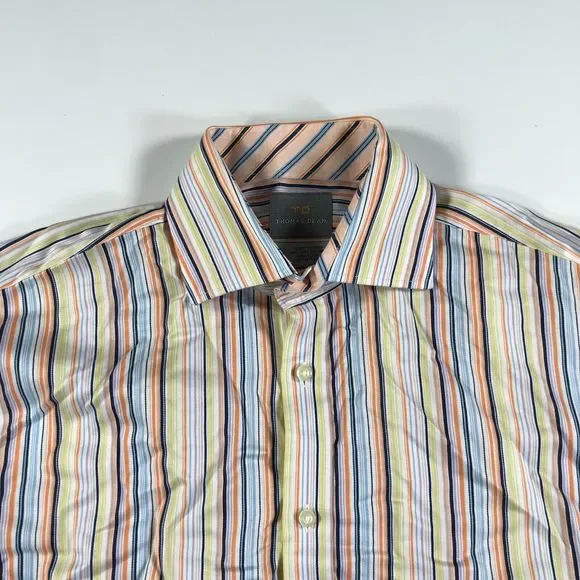 Thomas Dean Shirt Mens M Yellow Blue Orange Striped Long Sleeve Button Down - Picture 2 of 10